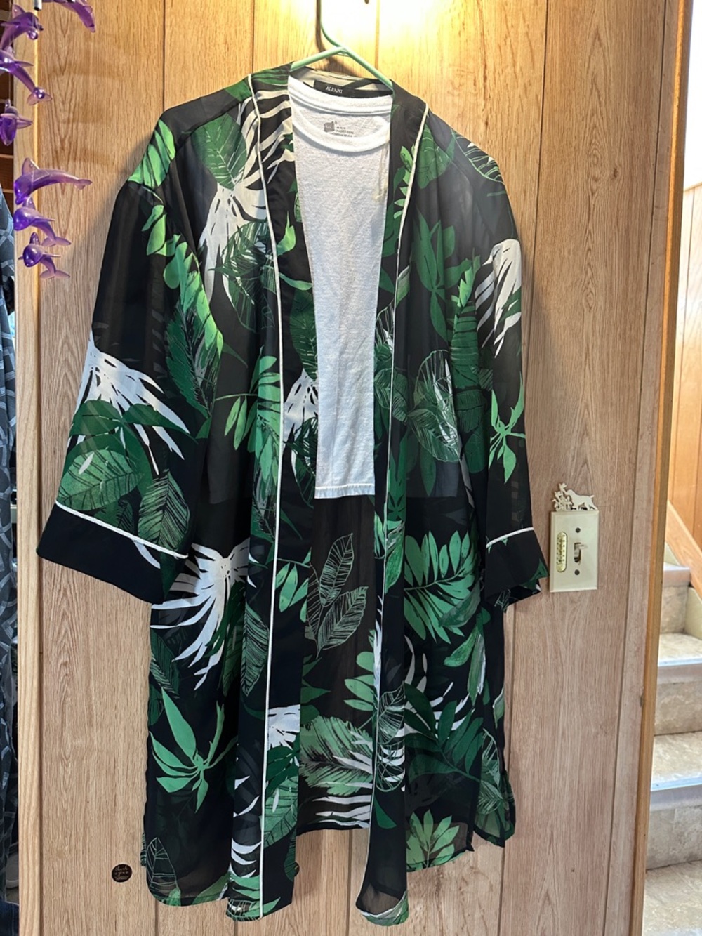 Black Sheer Kimono with Green & White Tropical Leaf Print